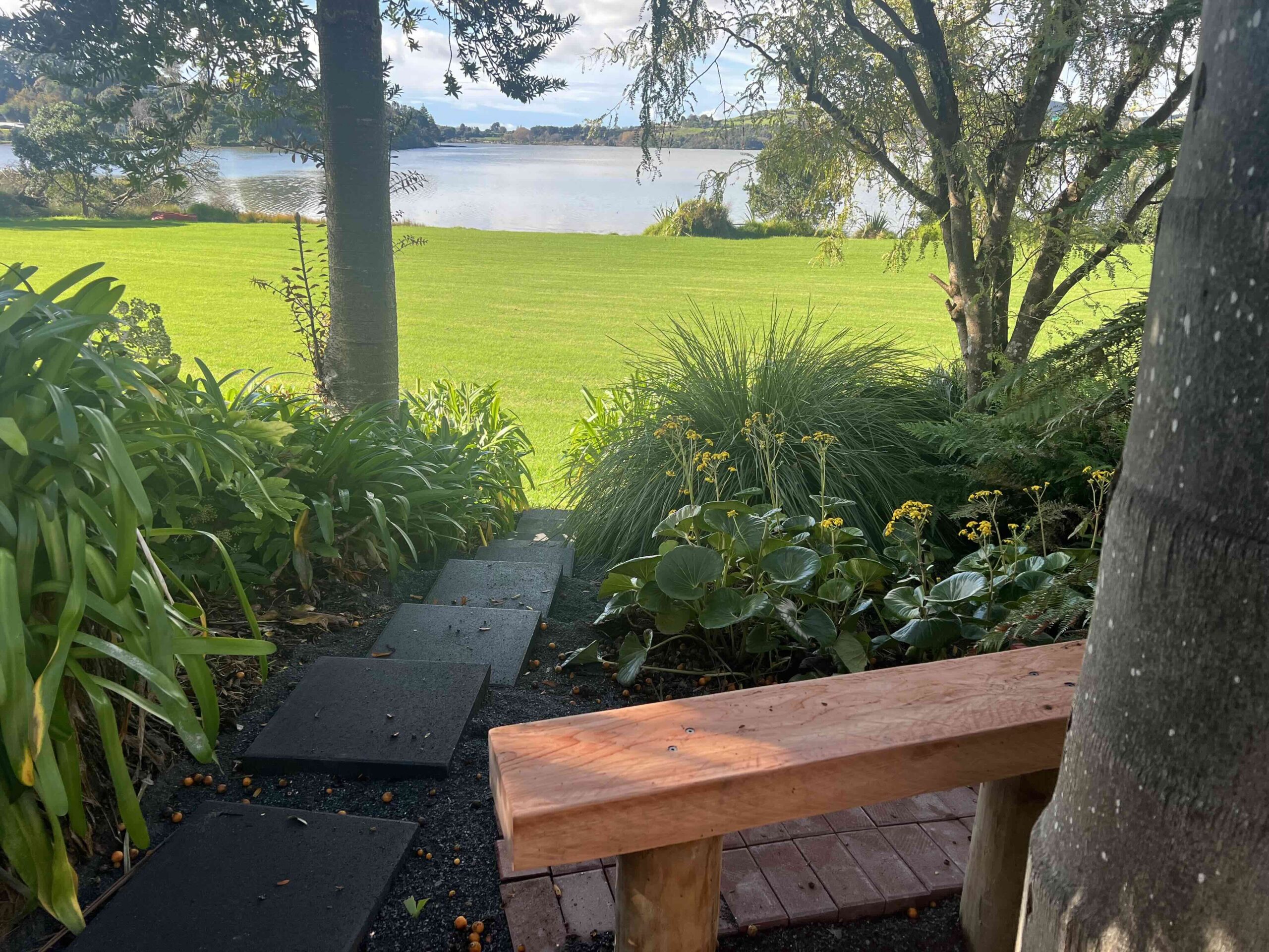 Meditation garden seat overlooking the lake at the retreat